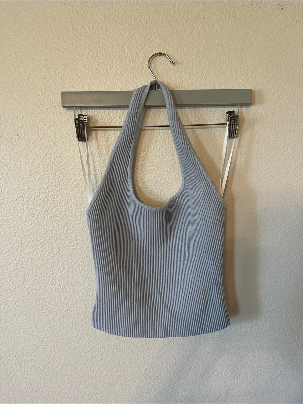 Ribbed Halter Tank Top in Light Blue Aritzia